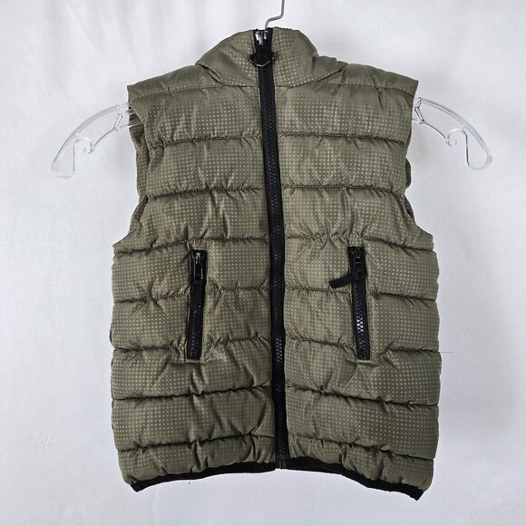 Appaman Vest Jacket Boys 4T Olive Green & Gray Puffer Hooded Full Zip Up Pockets - Picture 1 of 14